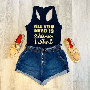 Women’s Large Navy & Gold Casual Print T Shirt All You Need Is Vitamin Sea Top